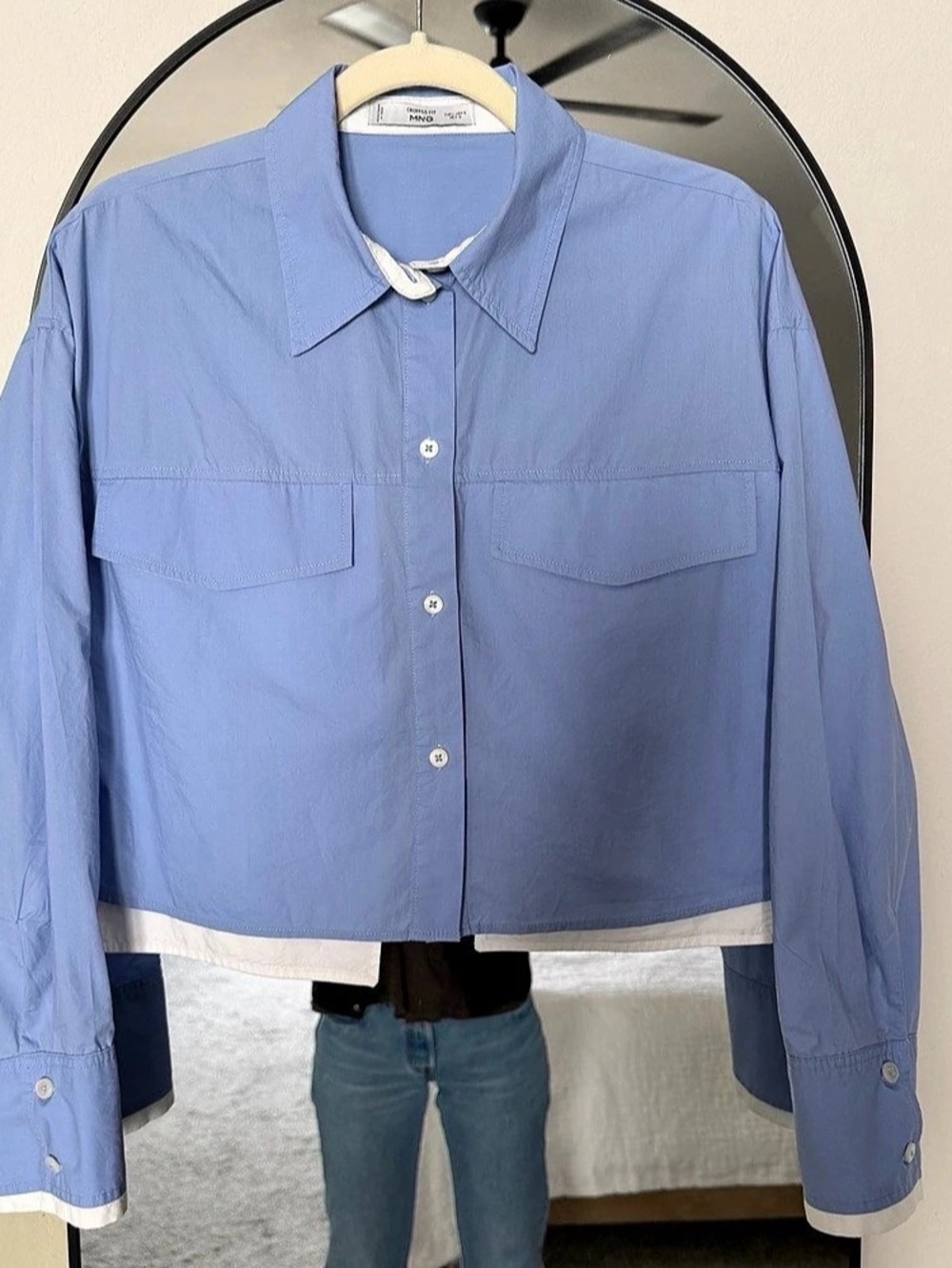 MNG Cropped Fit Cropped Button Down Shirt in Blue Large Like New